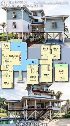 the floor plan for this beach house is very large and has multiple levels to each level