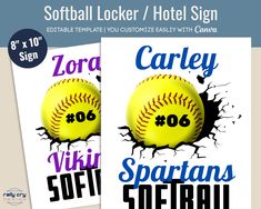 two softball signs with the name and number on them