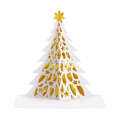 a white and yellow christmas tree with gold stars on it's top, sitting in front of a white background