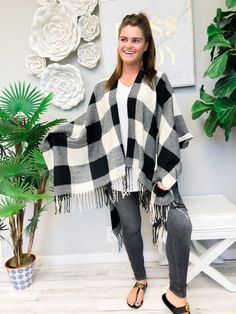 A cozy white buffalo check plaid poncho! One size fits most100% Acrylic Open Poncho, Plaid Poncho, Buffalo Check Plaid, White Buffalo, Buffalo Check, Summer Collection, Buffalo, Kimono Top, Plaid