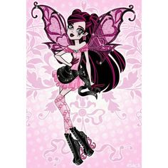 a pink and black fairy with wings on her back, standing in front of a floral background