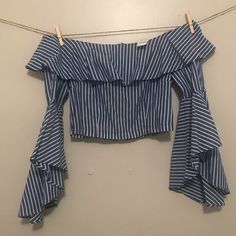 Cute Crop Top Perfect For Spring And Summer! Nwt. Size Large Fitted Striped Blouse For Vacation, Fitted Striped Blouse For Summer, Fitted Striped Blouse For Beach, Fitted Striped Blouse For The Beach, Trendy Blue Ruffled Crop Top, Spring Blue Ruffled Crop Top, Blue Cropped Ruffle Top, Fitted Striped Top For Brunch, Blue Long Sleeve Crop Top For Summer