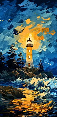 a painting of a lighthouse in the ocean at night