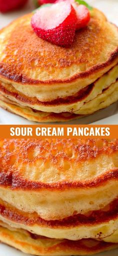 three pancakes with strawberries on top and the same one being made from scratchsticks