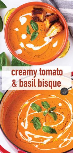 two bowls of creamy tomato and basil soup