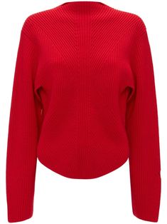 cardinal red wool-cotton blend stretch-design knitted construction ribbed knit embroidered logo at the sleeve high neck long sleeves curved hem Turtle Neck Jumper, Embroidered Wool, High Neck Sweater, High Neck Long Sleeve, Red Wool, Red Sweaters, Knitwear Women, Logo Embroidered, Victoria Beckham