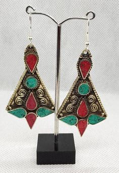 Its Beautiful Handmade Boho Design Vintage Tibetan Earrings with Turquoise and Coral Stone Turquoise Dangle Jewelry For Festivals, Multicolor Brass Drop Earrings, Adjustable Multicolor Brass Earrings, Turquoise Jewelry With Matching Earrings For Festivals, Traditional Turquoise Metal Earrings, Bohemian Green Metal Earrings, Multicolor Brass Earrings For Pierced Ears, Traditional Green Nickel-free Jewelry, Unique Green Festival Earrings