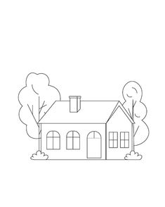 a drawing of a house with trees and bushes in the foreground, on a white background