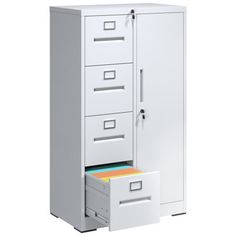 a white filing cabinet with drawers and file folders in front of it on a white background