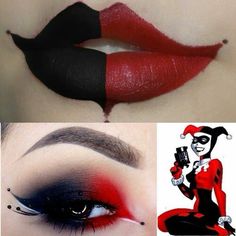 Horrifying #halloweenmakeupideas for Women Harley Quinn Makeup Red And Black, Deadpool Makeup Eye, Deadpool Inspired Makeup, Harley Quinn Makeup Red Black, Harley Quinn Black And Red, Harley Makeup, Maquillage Harley Quinn, Black Harley Quinn, Halloween Makeup Ideas For Women