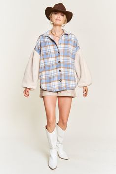 Meet our cozy-chic Multi Plaid Jacket with Fuzzy Sleeves, a blend of timeless plaid patterns, and irresistibly soft textures for your wardrobe must-haves. Stay fashion-forward with the classic multi-plaid wool design, perfect for any season and offering a touch of sophistication. The fuzzy sleeves bring unmatched warmth and playful coziness to your ensemble. With its collared neckline, center button placket, and practical welt pockets, this jacket effortlessly transitions from casual outings to formal events. Embrace style, warmth, and comfort whether it's a workday, a day out, or a cozy evening with friends. Elevate your wardrobe with this versatile fashion statement! Made in: CHINA Materials: 100% Polyester Sleeve: 100% Polyester Spring Plaid Flannel Outerwear, Flannel Outerwear For Fall Workwear, Fall Flannel Workwear Outerwear, Fall Flannel Outerwear For Work, Chic Plaid Wool Outerwear, Plaid Wool Outerwear For Spring, Trendy Flannel Outerwear For Fall, Spring Plaid Wool Outerwear, Plaid Wool Button-up Outerwear