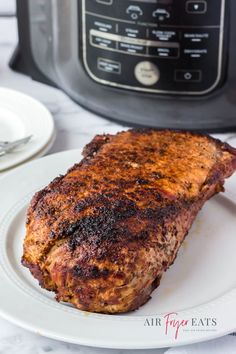 a piece of meat on a plate next to an instant pot roaster