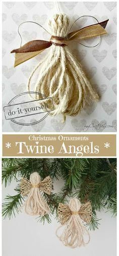 christmas ornaments with twine angels hanging from the top and bottom of each ornament