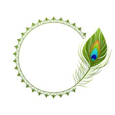 a green and blue peacock feather in a circular frame with stars on the sides, isolated against a white background