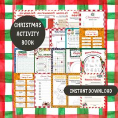 the christmas activity book is shown on a red and green checkered background with text overlay