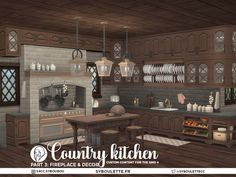 The Sims Resource - Patreon release - Country Kitchen part 3 - Fireplace & decor Plate Shelves, Barn Kitchen, Stone Kitchen, Kitchen Ceiling, Kitchen Fireplace, Kitchen Pot, Pink Kitchen, Decor Buy