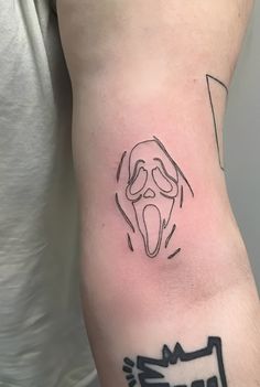 fine line tattoo of ghostface from wes craven's 1996 horror film, 'scream'. Small Tattoos Horror, Scream 1996 Tattoo, Ghost Face Fine Line Tattoo, Simple Ghost Face Tattoo, Small Horror Movie Tattoos Simple, Scream Tattoo Outline, Ghostface Tattoo Simple, Fine Line Horror Tattoo, Simple Scream Tattoo