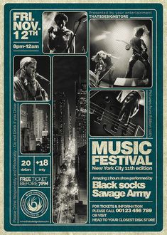 an event poster for the music festival in new york city, with photos of people playing instruments