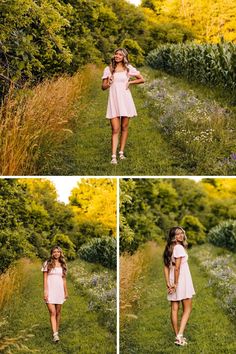 a woman in a pink dress is standing on the grass