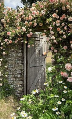 an old door is surrounded by flowers and greenery