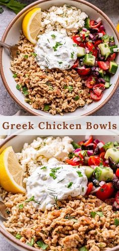 greek chicken bowls with cucumbers, tomatoes, olives and feta cheese