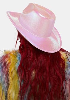 yee haw! This cowboy hat has a wide brim with slight curves and a metallic shine. Western Style Winter Fedora For Party, Western Style Fedora For Party, Western Style Fedora For Winter Parties, Western Style Winter Party Fedora, Pink Wide Brim Costume Hat For Festival, Western Fedora With Curved Brim For Parties, Trendy Curved Brim Fedora For Rodeo, Trendy Pink Fedora Sun Hat, Western Style Fedora With Curved Brim For Parties