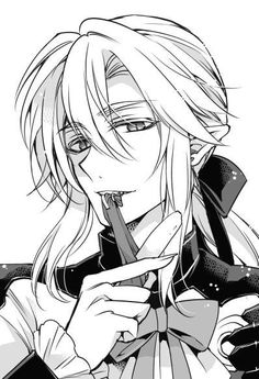 an anime character with long blonde hair and black clothes, holding his finger up to his mouth