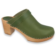 Are you looking for quality high heel clogs? GREENO Klogga - stylish and elegant Swedish clogs from quality fullgrain leather on wooden high heel soles GREENO clogs are made from quality real leather. This clog is a perfect blend of comfort and style. It offers optimal support and a timeless look. GREENO clogs are also lightweight due to their poplar wood soles. The green colour is nice to the eye and fashionable. GREENO clogs are in classic style so you can wear them with any outfit. They are s Sanita Clogs, High Heel Clogs, Swedish Clogs, Leather Factory, Clogs And Mules, Wooden Clogs, Clog Sandals, Swedish Design, Leather Clogs