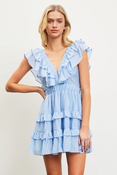 Introducing our Summer White Ruffle Top Dress! This mini-length dress features our bestselling ruffle top and a ruffle tier skirt, making it both stylish and comfortable. This dress will be your go-to for any summer occasion. (Trust us, it's a customer favorite!) Ruffled Top Dress, Ruffle Tiered Dress, White Ruffle Top, Blue Summer Dresses, Summer White, White Romper, Hoco Dresses, Neck Ruffle, Tier Skirt