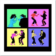 four color pop art pictures of people dancing in different colors and styles, with one man holding the other woman's head