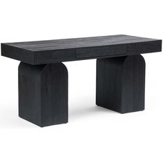 a black wooden table with an oval shaped design on the top and bottom, against a white background