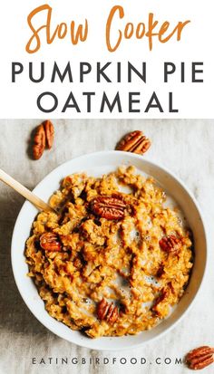 a bowl filled with pumpkin pie oatmeal and pecans