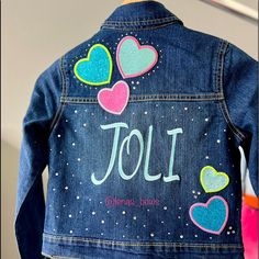 Jean Jacket Design, Custom Denim Jacket, Jacket Ideas, Custom Denim, Painted Denim, Painted Shoes, Jacket Design, Kids Jacket, Color Scheme