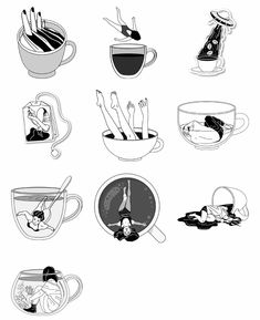 black and white illustration of coffee cups with spoons