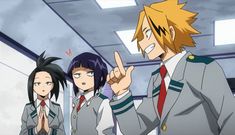 an anime scene with two men and one woman giving the peace sign to each other