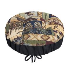 a round seat cushion with an animal pattern on it's side and ties at the bottom