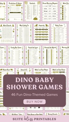 dino baby shower games with gold foil on pink background