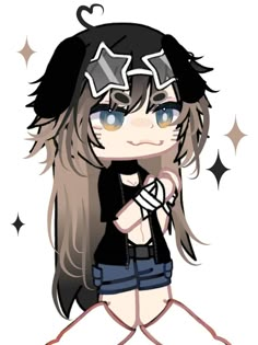 an anime character with long hair and stars on her head, holding a microphone in one hand