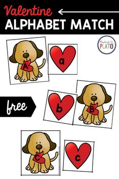 valentine's day alphabet match with pictures of dogs, hearts and the letter b