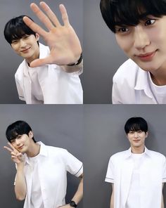 four different pictures of a young man with his hand up to the side and fingers down