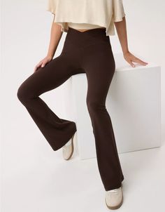 OFFLINE By Aerie Real Me High Waisted Crossover Flare Legging Flare Leggings Outfit, Brown Flares, Aerie Leggings, Boot Cut Leggings, Flare Legging, Aerie Real, Offline By Aerie, Flared Leggings, Sports Skirts