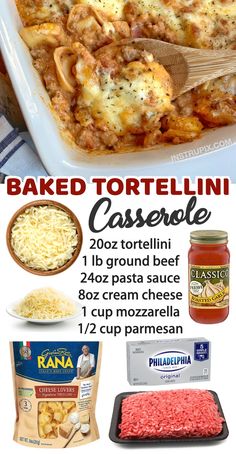 baked tortellini casserole recipe with text overlay