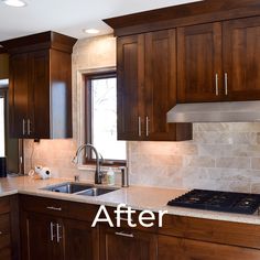 a kitchen with wooden cabinets and marble counter tops before and after remodeling