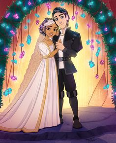 an animated image of a bride and groom in front of a decorated archway with christmas lights