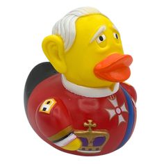 a yellow rubber duck wearing a red uniform