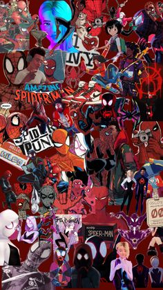 a collage of spider - man and other cartoon characters, all in different colors