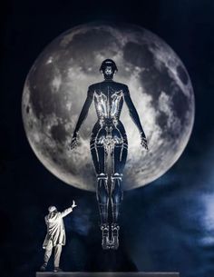 a man standing next to a woman in front of a full moon on a black and white background