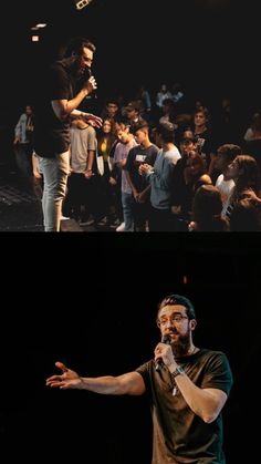 two pictures one with a man holding a microphone and the other with people standing around