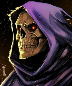 a painting of a skeleton with red eyes and a purple cloak over it's head