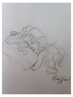 a drawing of a woman with long hair and eyes closed, laying down on her stomach